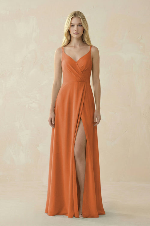 V - Neck Ruched Chiffon Bridesmaid Dress with Slit in Terracotta - SHE IS ME Bridesmaid Dresses