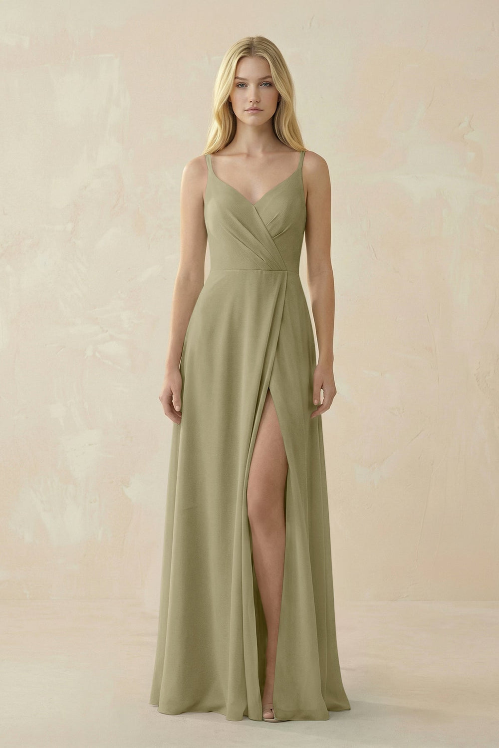 V - Neck Ruched Chiffon Bridesmaid Dress with Slit in Thyme - SHE IS ME Bridesmaid Dresses