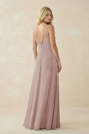 V-Neck Ruched Chiffon Bridesmaid Dress with Slit in Toffee (2) | KISSBRIDAL