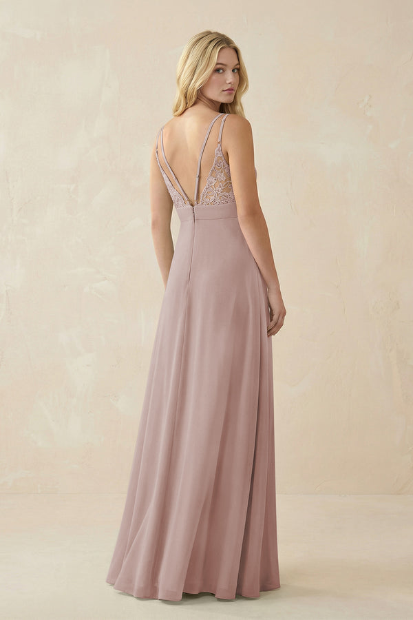 V-Neck Ruched Chiffon Bridesmaid Dress with Slit in Toffee (2) | KISSBRIDAL