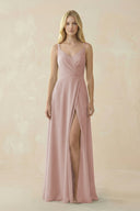 V - Neck Ruched Chiffon Bridesmaid Dress with Slit in Toffee - SHE IS ME Bridesmaid Dresses