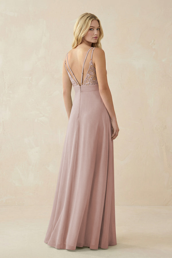 V - Neck Ruched Chiffon Bridesmaid Dress with Slit in Toffee - SHE IS ME Bridesmaid Dresses