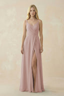 V-Neck Ruched Chiffon Bridesmaid Dress with Slit in Toffee | KISSBRIDAL