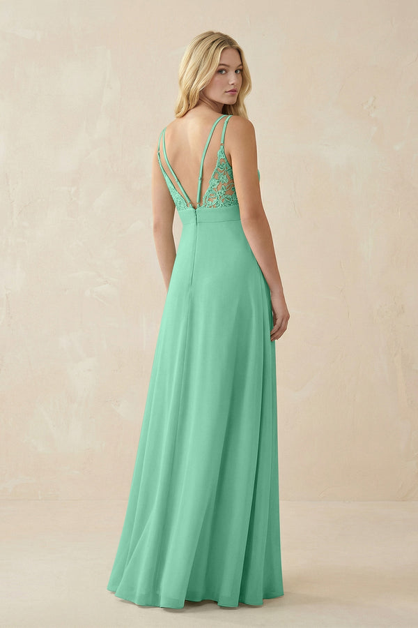 V - Neck Ruched Chiffon Bridesmaid Dress with Slit in Turquoise - SHE IS ME Bridesmaid Dresses