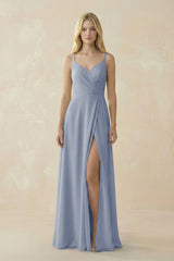 V - Neck Ruched Chiffon Bridesmaid Dress with Slit in Twilight - KISS BRIDAL Bridesmaid Dresses