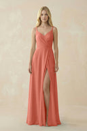 V - Neck Ruched Chiffon Bridesmaid Dress with Slit in Wild Rose - SHE IS ME Bridesmaid Dresses