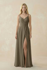 V - Neck Ruched Chiffon Bridesmaid Dress with Slit in Willow Green - KISS BRIDAL Bridesmaid Dresses