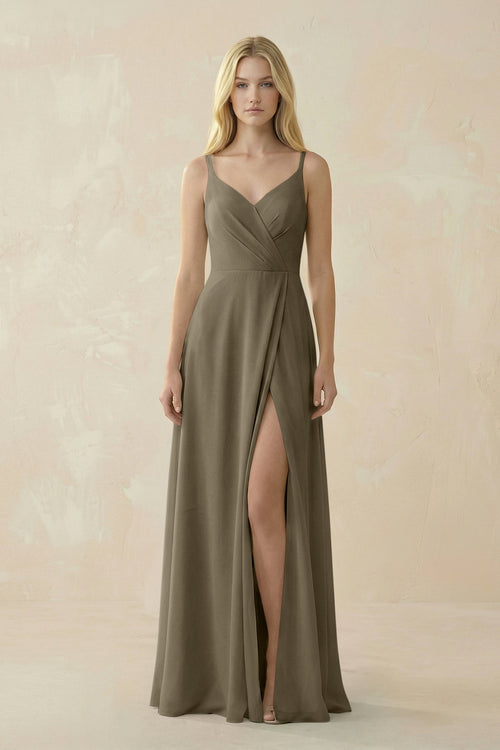 V - Neck Ruched Chiffon Bridesmaid Dress with Slit in Willow Green - SHE IS ME Bridesmaid Dresses