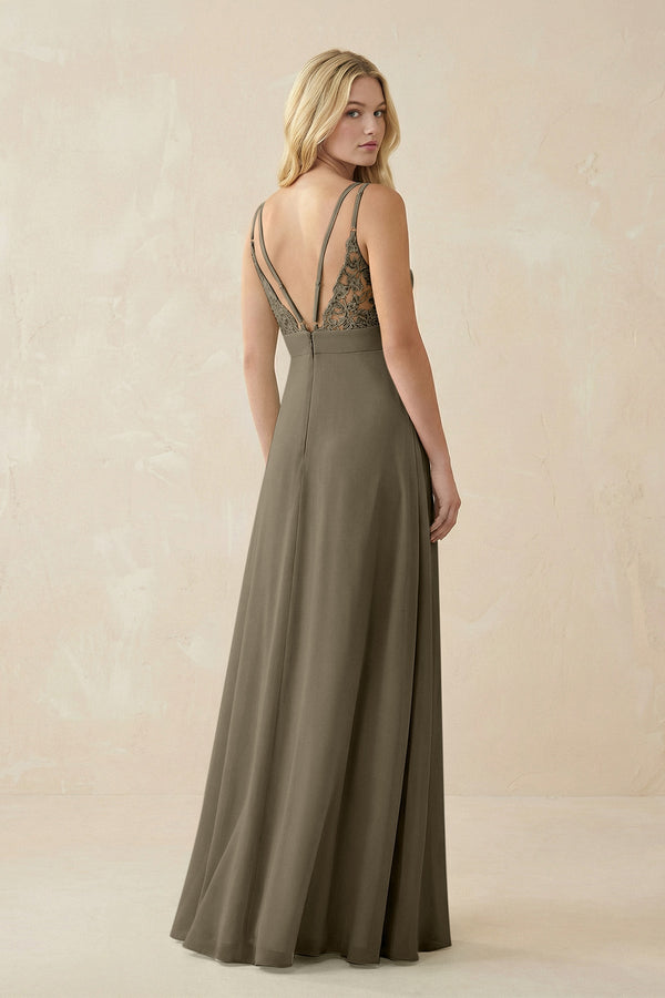 V - Neck Ruched Chiffon Bridesmaid Dress with Slit in Willow Green - SHE IS ME Bridesmaid Dresses
