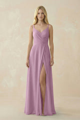V - Neck Ruched Chiffon Bridesmaid Dress with Slit in Wisteria - KISS BRIDAL Bridesmaid Dresses