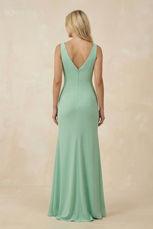 V-Neck Ruched Sheath Bridesmaid Dress with Slit in Pale Pistachio - SHE IS ME BRIDESMAID DRESSES