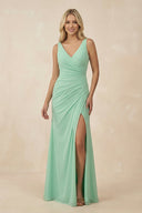 V-Neck Ruched Sheath Bridesmaid Dress with Slit in Pale Pistachio - SHE IS ME BRIDESMAID DRESSES
