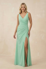 V-Neck Ruched Sheath Bridesmaid Dress with Slit in Pale Pistachio - KISS BRIDAL BRIDESMAID DRESSES