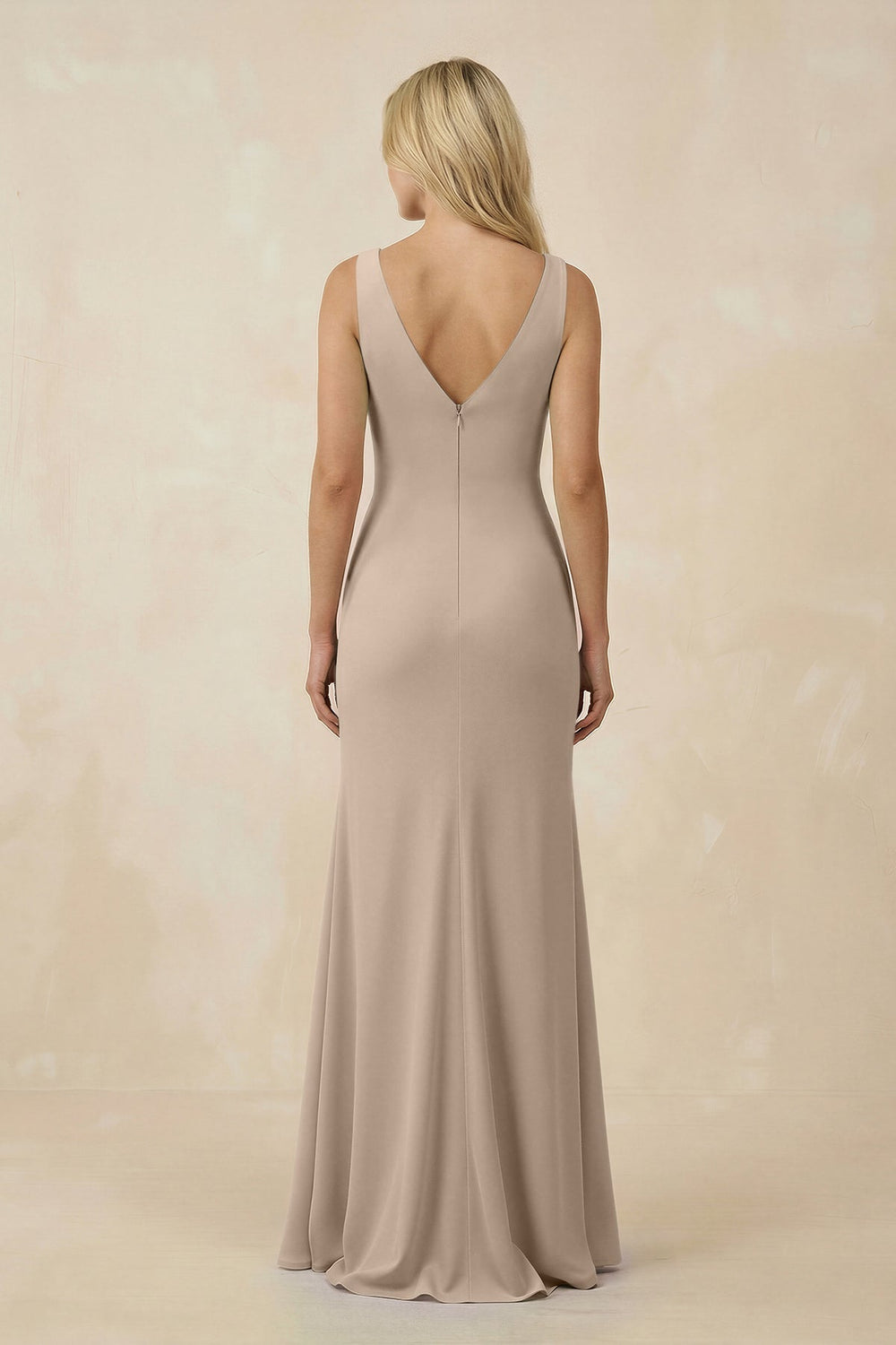 V-Neck Ruched Sheath Bridesmaid Dress with Slit in Almond - KISS BRIDAL BRIDESMAID DRESSES