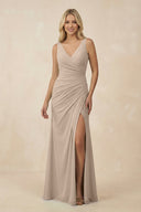 V-Neck Ruched Sheath Bridesmaid Dress with Slit in Almond - SHE IS ME BRIDESMAID DRESSES