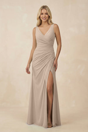 V-Neck Ruched Sheath Bridesmaid Dress with Slit in Almond - SHE IS ME BRIDESMAID DRESSES