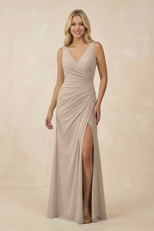V-Neck Ruched Sheath Bridesmaid Dress with Slit in Almond - SHE IS ME BRIDESMAID DRESSES