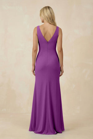 V-Neck Ruched Sheath Bridesmaid Dress with Slit in Amethyst - SHE IS ME BRIDESMAID DRESSES