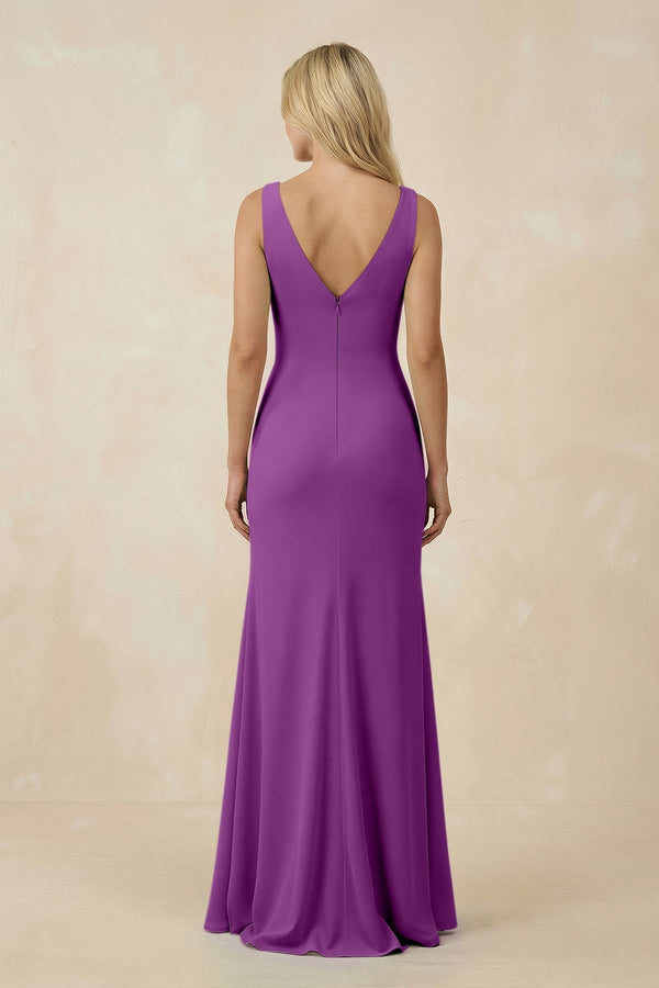 V-Neck Ruched Sheath Bridesmaid Dress with Slit in Amethyst - SHE IS ME BRIDESMAID DRESSES