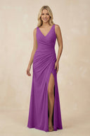 V-Neck Ruched Sheath Bridesmaid Dress with Slit in Amethyst - SHE IS ME BRIDESMAID DRESSES