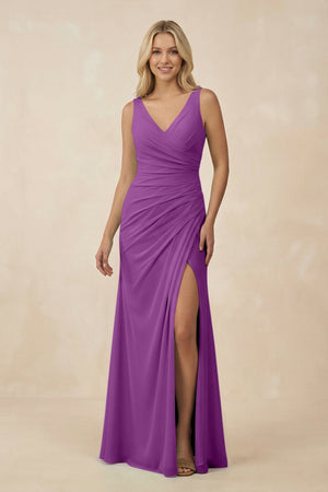V-Neck Ruched Sheath Bridesmaid Dress with Slit in Amethyst - SHE IS ME BRIDESMAID DRESSES