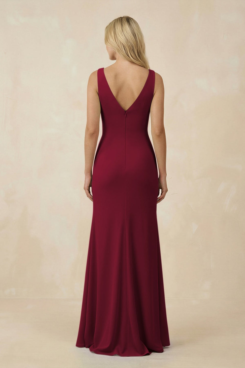 V-Neck Ruched Sheath Bridesmaid Dress with Slit in Berry - KISS BRIDAL BRIDESMAID DRESSES
