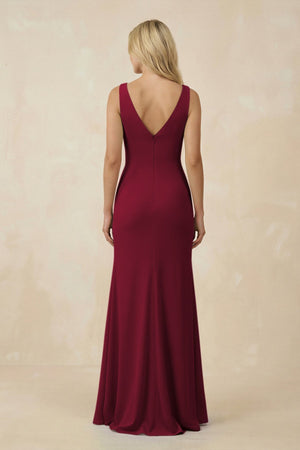 V-Neck Ruched Sheath Bridesmaid Dress with Slit in Berry - SHE IS ME BRIDESMAID DRESSES