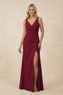 V-Neck Ruched Sheath Bridesmaid Dress with Slit in Berry - SHE IS ME BRIDESMAID DRESSES