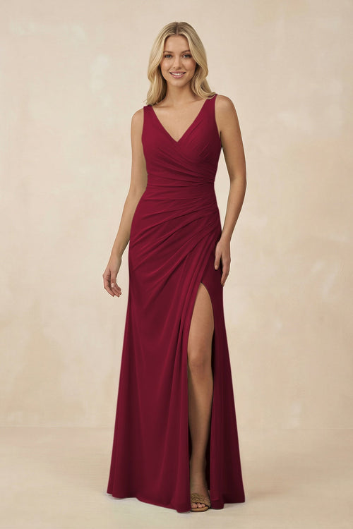 V-Neck Ruched Sheath Bridesmaid Dress with Slit in Berry - SHE IS ME BRIDESMAID DRESSES