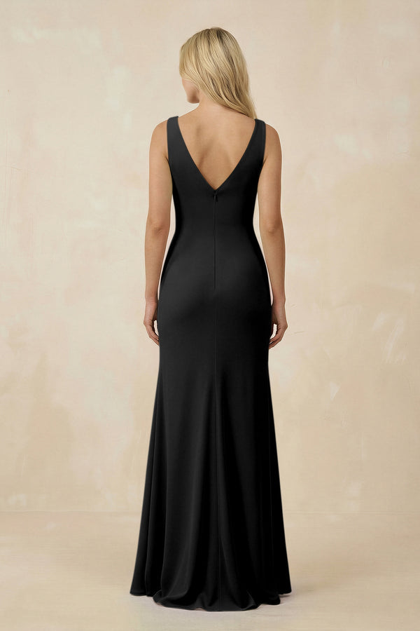 V-Neck Ruched Sheath Bridesmaid Dress with Slit in Black - SHE IS ME BRIDESMAID DRESSES
