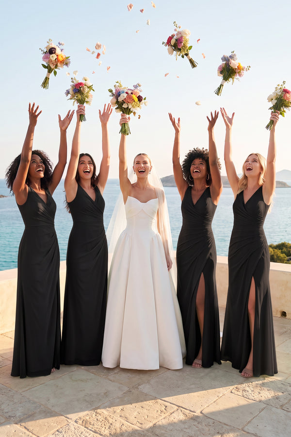 V-Neck Ruched Sheath Bridesmaid Dress with Slit in Black - KISS BRIDAL BRIDESMAID DRESSES