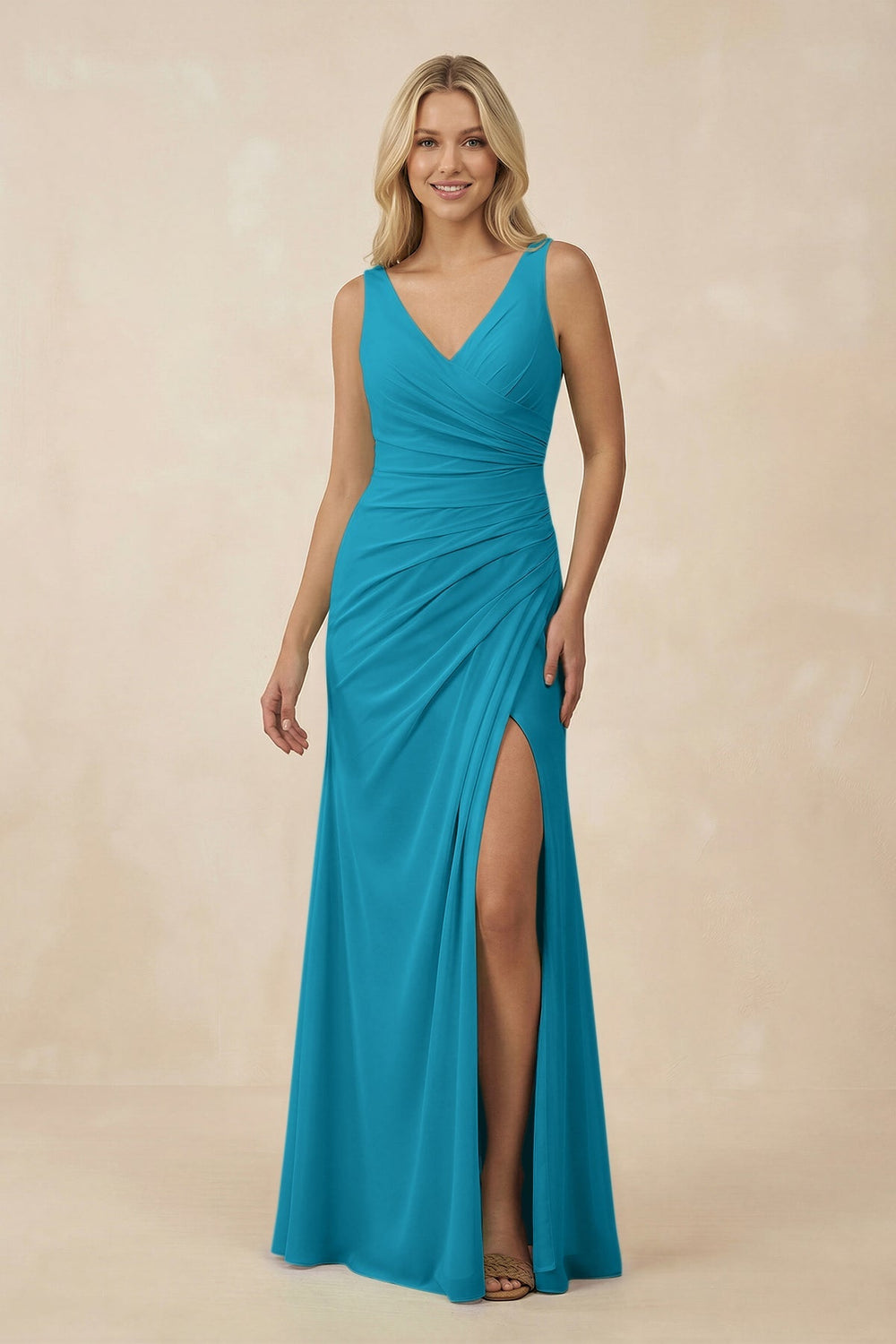 V-Neck Ruched Sheath Bridesmaid Dress with Slit in Blue Jay - KISS BRIDAL BRIDESMAID DRESSES