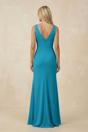 V-Neck Ruched Sheath Bridesmaid Dress with Slit in Blue Jay - SHE IS ME BRIDESMAID DRESSES