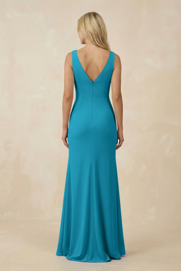 V-Neck Ruched Sheath Bridesmaid Dress with Slit in Blue Jay - SHE IS ME BRIDESMAID DRESSES