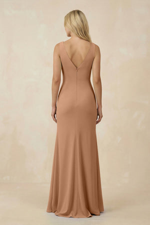 V-Neck Ruched Sheath Bridesmaid Dress with Slit in Bronzer - SHE IS ME BRIDESMAID DRESSES