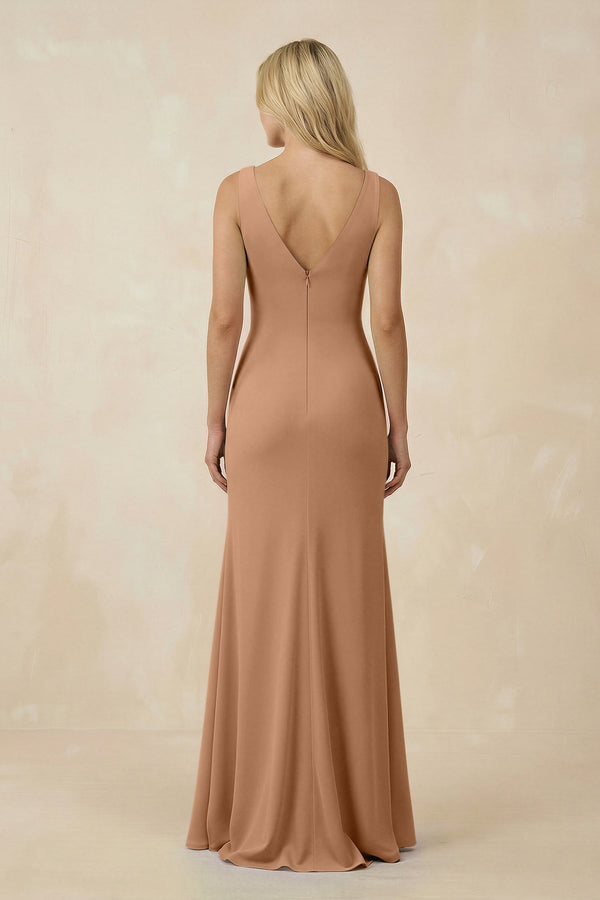 V-Neck Ruched Sheath Bridesmaid Dress with Slit in Bronzer - SHE IS ME BRIDESMAID DRESSES