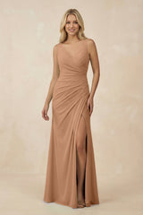 V-Neck Ruched Sheath Bridesmaid Dress with Slit in Bronzer - KISS BRIDAL BRIDESMAID DRESSES