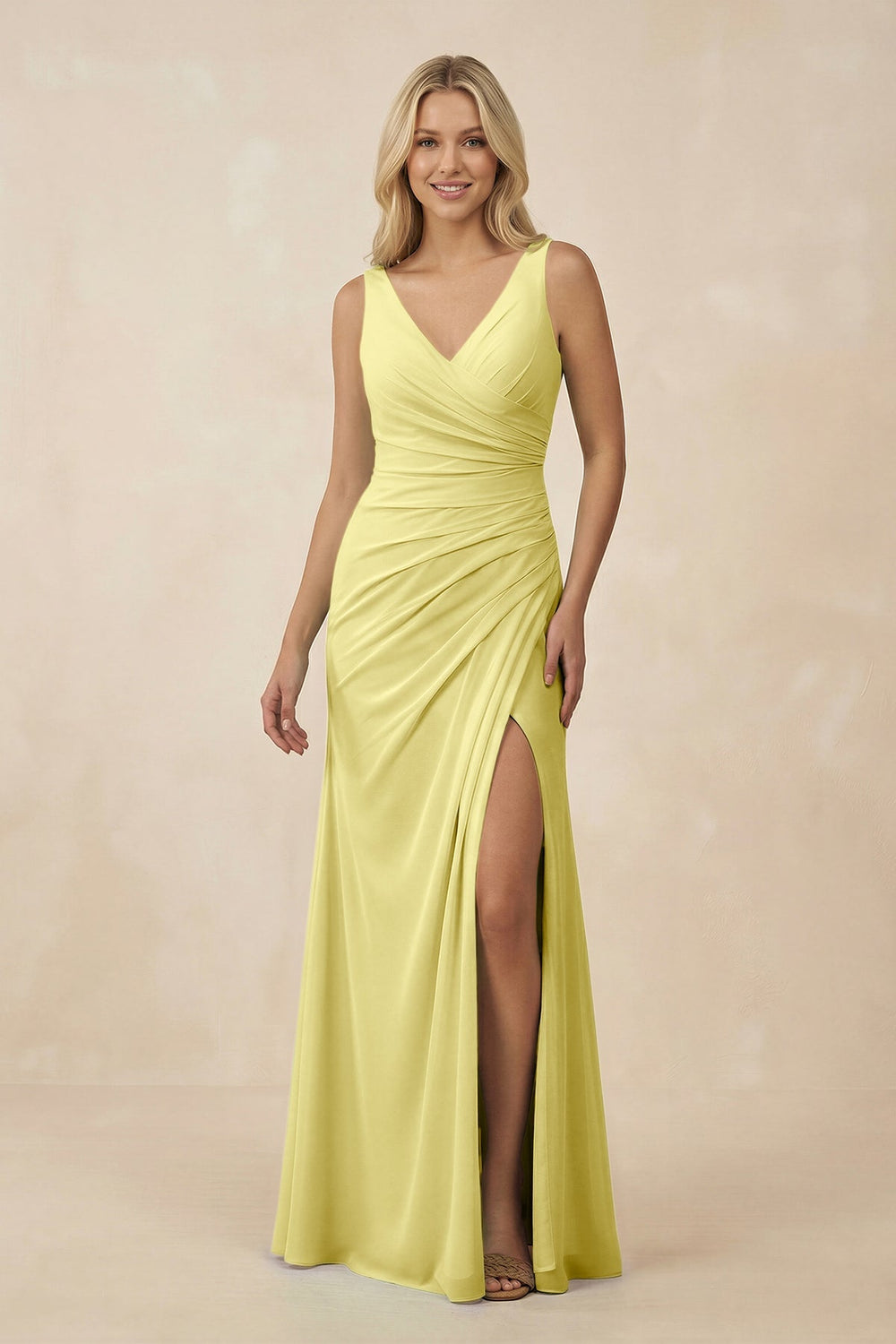 V-Neck Ruched Sheath Bridesmaid Dress with Slit in Buttercup - KISS BRIDAL BRIDESMAID DRESSES