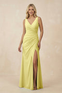 V-Neck Ruched Sheath Bridesmaid Dress with Slit in Buttercup - SHE IS ME BRIDESMAID DRESSES