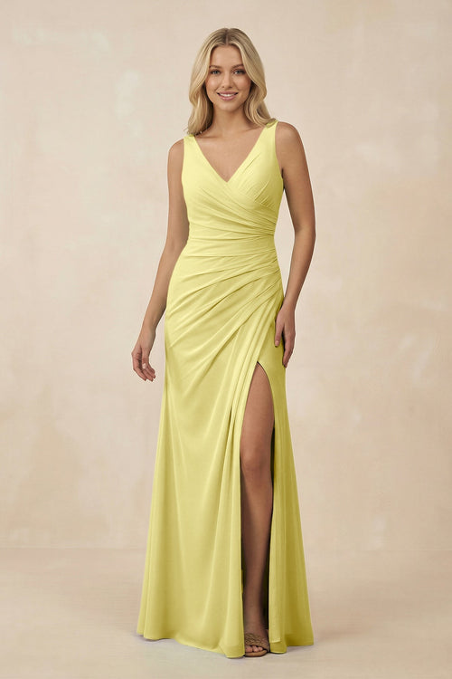 V-Neck Ruched Sheath Bridesmaid Dress with Slit in Buttercup - SHE IS ME BRIDESMAID DRESSES
