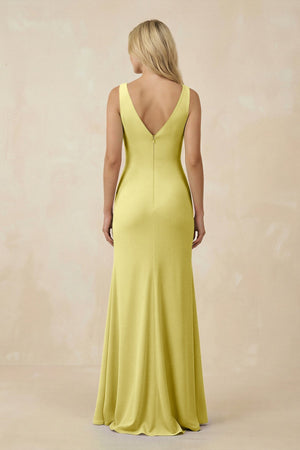 V-Neck Ruched Sheath Bridesmaid Dress with Slit in Buttercup - SHE IS ME BRIDESMAID DRESSES