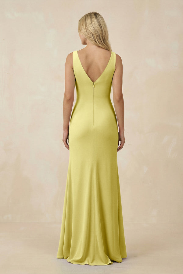 V-Neck Ruched Sheath Bridesmaid Dress with Slit in Buttercup - SHE IS ME BRIDESMAID DRESSES