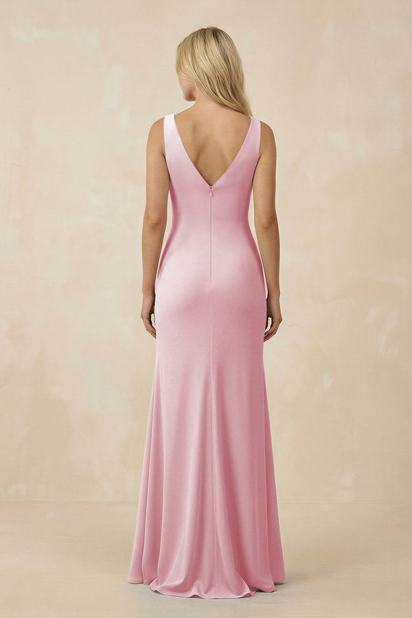 V-Neck Ruched Sheath Bridesmaid Dress with Slit in Candy Pink - SHE IS ME BRIDESMAID DRESSES