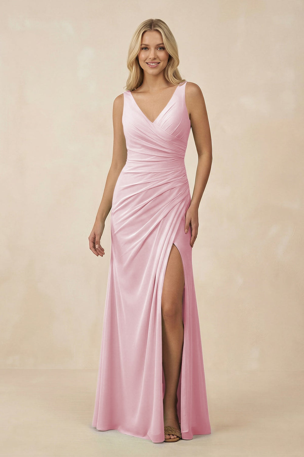 V-Neck Ruched Sheath Bridesmaid Dress with Slit in Candy Pink - KISS BRIDAL BRIDESMAID DRESSES