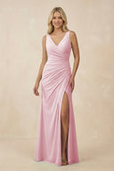 V-Neck Ruched Sheath Bridesmaid Dress with Slit in Candy Pink - SHE IS ME BRIDESMAID DRESSES