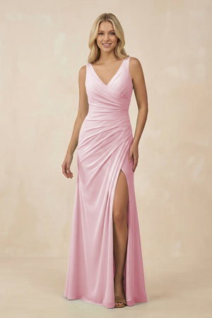 V-Neck Ruched Sheath Bridesmaid Dress with Slit in Candy Pink - SHE IS ME BRIDESMAID DRESSES