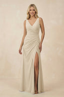 V-Neck Ruched Sheath Bridesmaid Dress with Slit in Champagne - SHE IS ME BRIDESMAID DRESSES