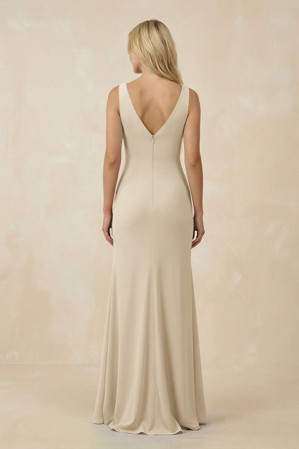 V-Neck Ruched Sheath Bridesmaid Dress with Slit in Champagne - KISS BRIDAL BRIDESMAID DRESSES
