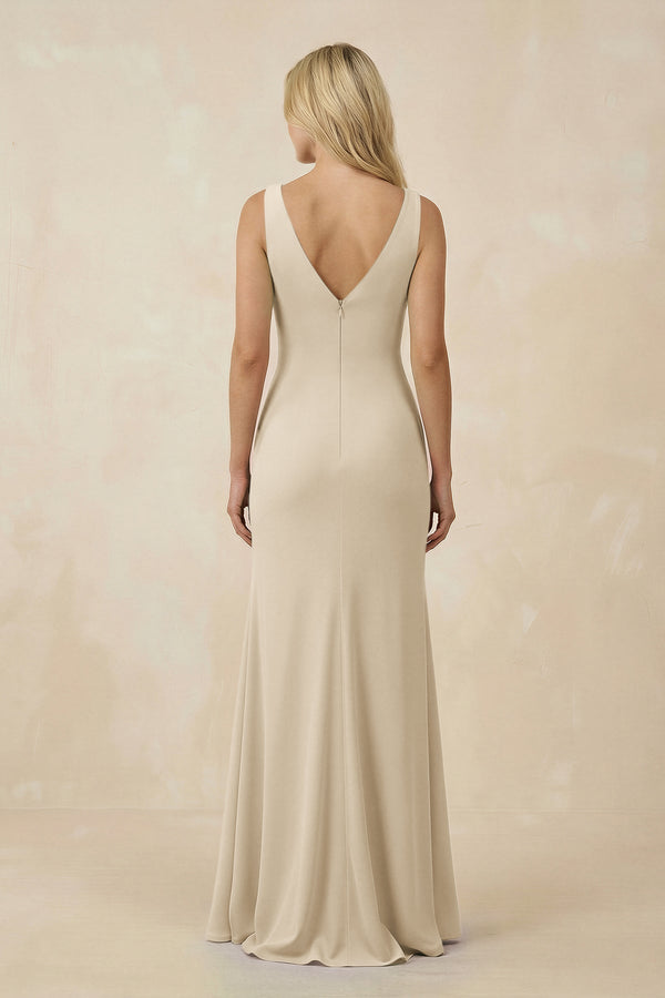 V-Neck Ruched Sheath Bridesmaid Dress with Slit in Champagne - SHE IS ME BRIDESMAID DRESSES