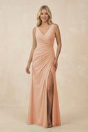 V-Neck Ruched Sheath Bridesmaid Dress with Slit in Champagne Rose - SHE IS ME BRIDESMAID DRESSES